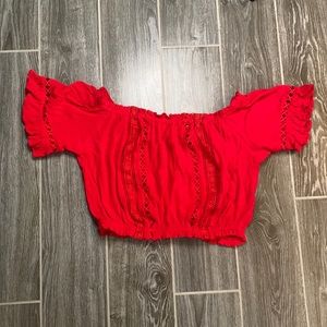 Red lace cutout crop top